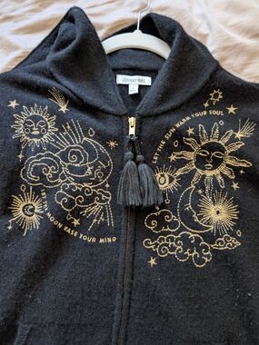 Johnny Was Casmere Black Zip Celestial Embroidery Hoodie Small